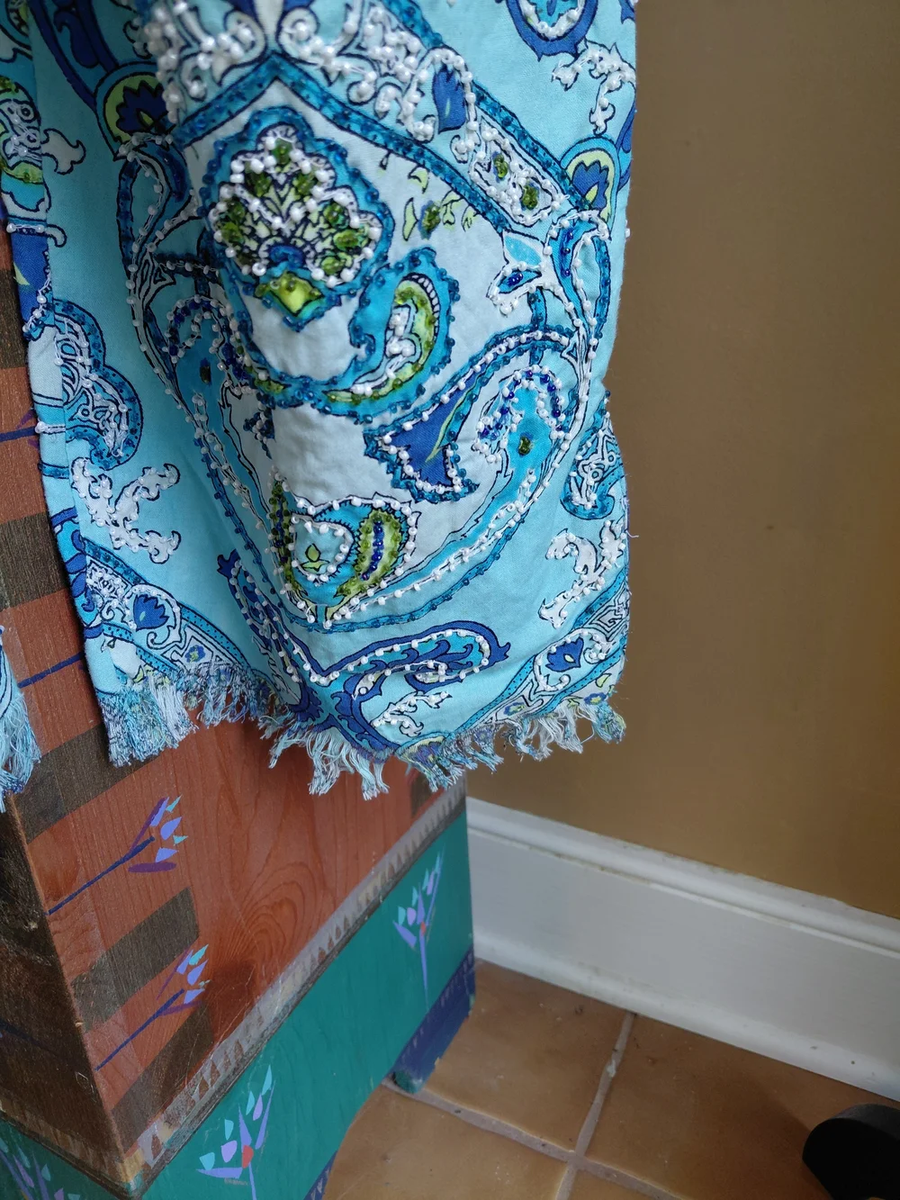 Women’s Light Blue Paisley Drawstring Pants With Bead Detail